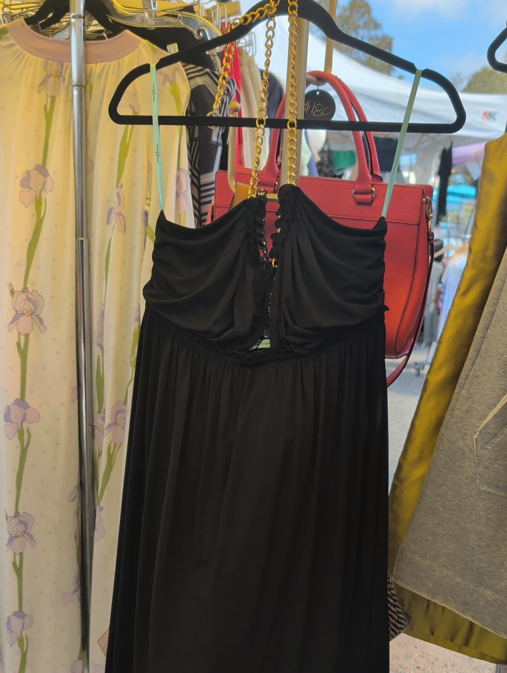 Black Ruched Maxi Dress with Gold Chain Straps